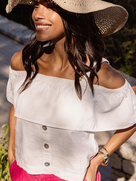 Threadbare White Linen Blend Strap Bardot Top (K56241) | £5