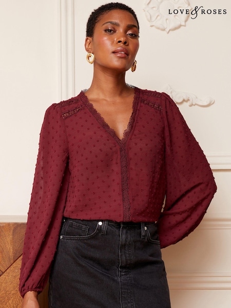 Love & Roses Red V Neck Lace Long Sleeve Lace Trim Dobby Spot Blouse (K60268) | £8
