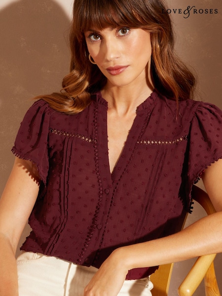 Love & Roses Burgundy Red Dobby Spot Ruffle V Neck Flutter Sleeve Blouse (K60530) | £2