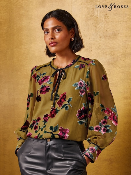 Olive Green - Love & Roses Burnout Notch Neck Long Sleeve Blouse