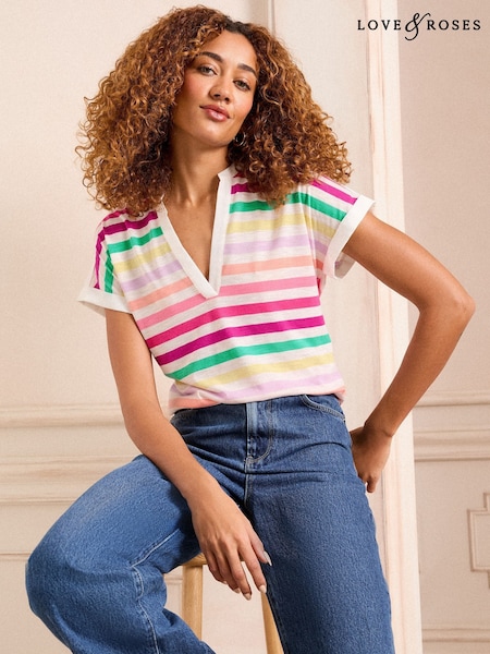 Love & Roses Ivory White Rainbow Stripe Jersey V Neck Woven Trim Short Sleeve T-Shirt (K70534) | £26