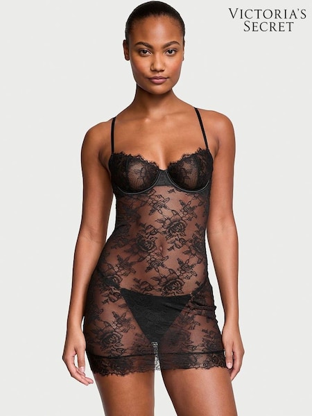 Victoria's Secret Black Rose Lace Cupped Slip Dress (K70665) | £59