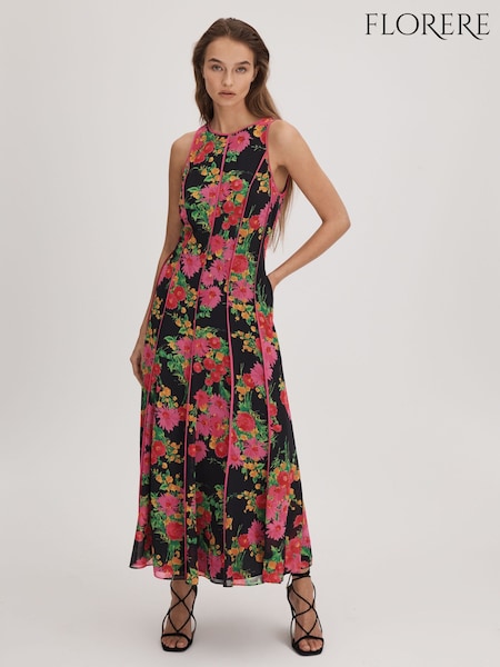 Pink/Black - Florere Printed Panel Midi Dress