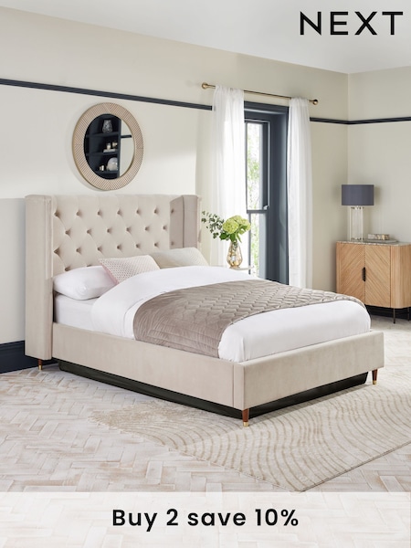 Soft Velvet Natural Pebble Grayson Upholstered Ottoman Storage Bed Frame (K72591) | £865 - £1,065