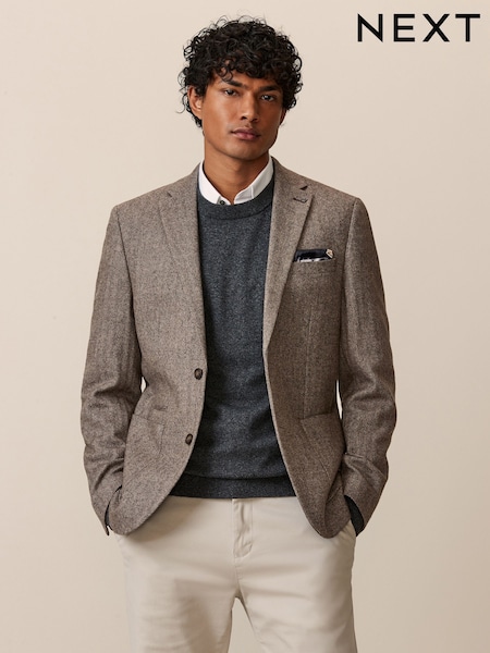 Taupe Regular Fit Wool Rich Herringbone Blazer (K73578) | £99