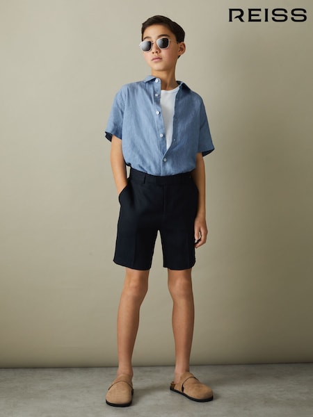 Sky Blue - Reiss Holiday Short Sleeve Linen Shirt