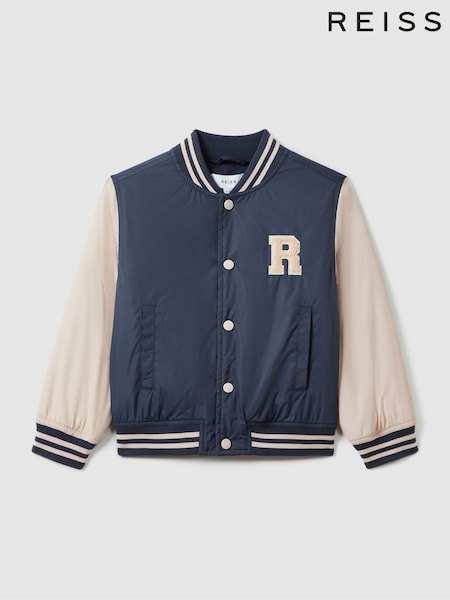 Reiss Airforce Blue/Stone Arkan Teen Colourblock Varsity Bomber Jacket With Linen (K74362) | £40