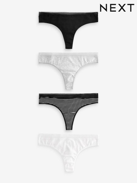 Black/White Thong Geo Lace Trim Knickers 4 Pack (K74774) | £14