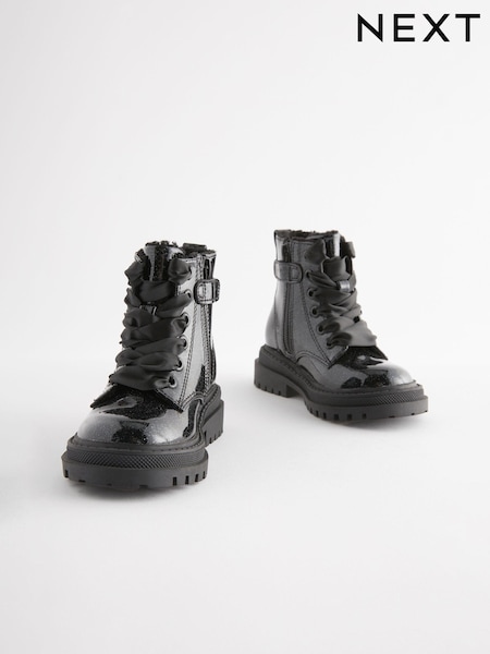 Black Patent Standard Fit (F) Chunky Lace-Up Ankle Boots (K75285) | £26 - £30