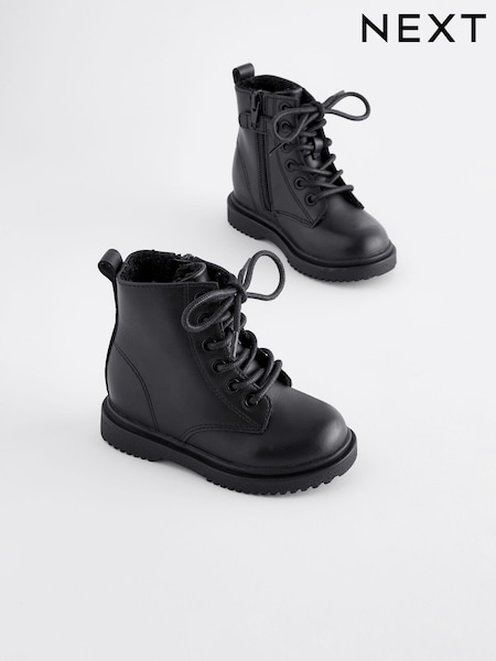 Black Leather Warm Lined Lace-Up Boots (K75322) | £31 - £35