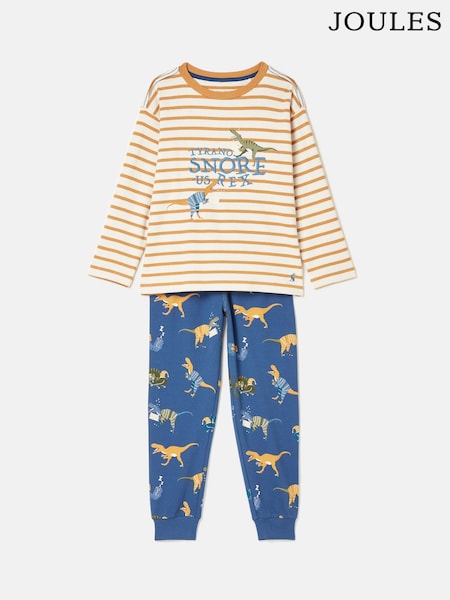 Joules Doze Days Blue & Orange Dinosaur Print Jersey Pyjama Set (K75624) | £20 - £23
