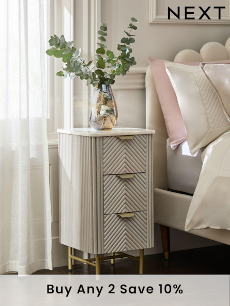 Light Grey Valencia Marble and Mango Wood 3 Drawer Slim Bedside Table (K76122) | £399