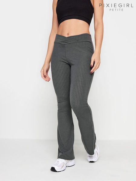 PixieGirl Petite Grey V-Front Ribbed Flare Trousers (K77513) | £24