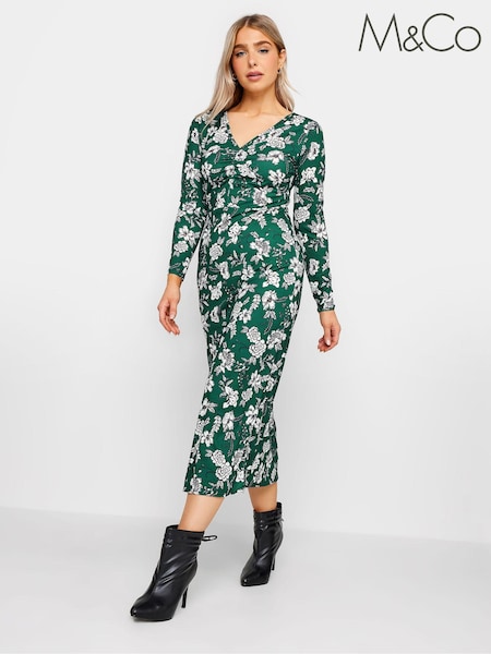 M&Co Green Gathered V-Neck Midi Dress (K77697) | £33