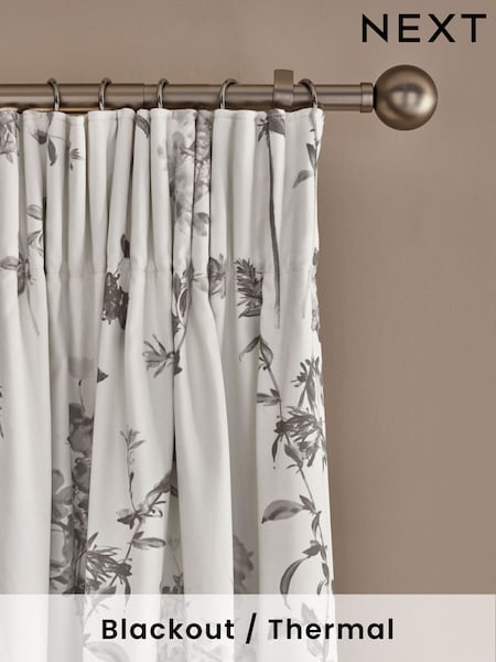 Grey Floral Pencil Pleat Blackout/Thermal Curtains (K78740) | £50 - £110