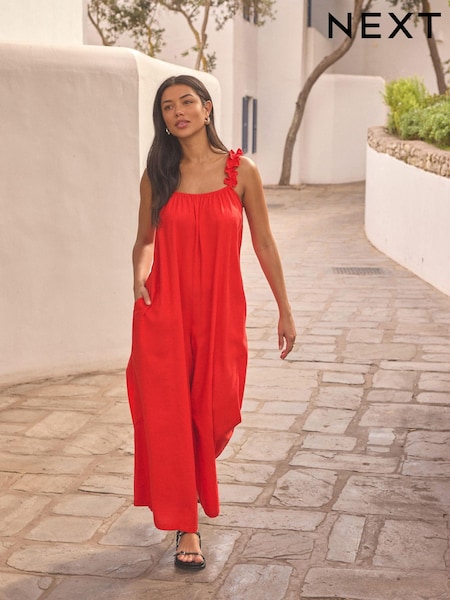 Red Ruffle Strap Wide Leg 100% Cotton Jumpsuit (K79321) | £36