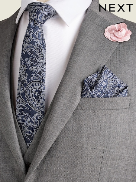 Navy Blue/Pink Textured Paisley Tie, Pocket Square And Pin Set (K79624) | £20