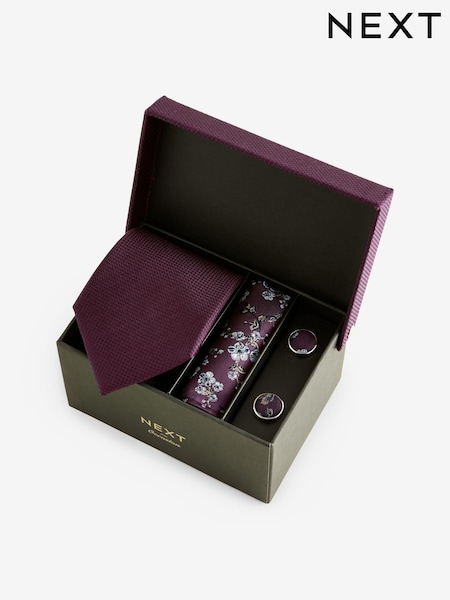 Burgundy Red Silk Tie, Pocket Square and Cufflinks Gift Box Set (K79677) | £40