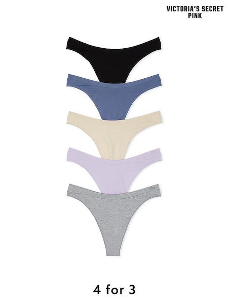 Victoria's Secret PINK Black/Grey/Nude/Blue/Purple Thong 5 Pack Knickers (K79689) | £27