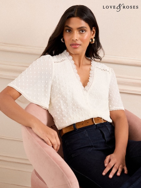 Love & Roses Ivory White Dobby Flutter Sleeve Blouse (K80007) | £32
