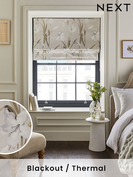 Natural Ready Made Blackout Roman Blind Lily Floral (K80057) | £50 - £100