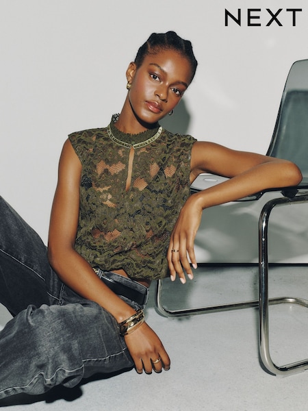 Olive Green - Sleeveless Keyhole Lace Bubblehem Top