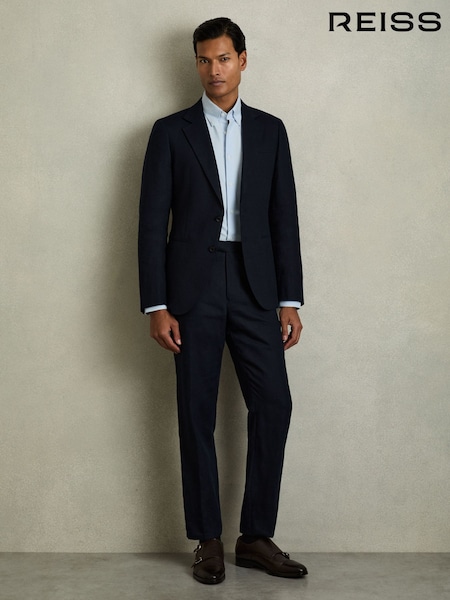 Reiss Navy Kin Slim Fit Linen Trousers (K81610) | £148