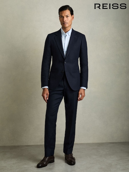 Reiss Navy Kin Slim Fit Single Breasted Linen Blazer (K81770) | £298