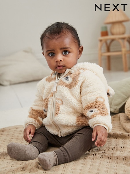 Ecru/Tan Bear Print Baby Cosy Fleece Jacket with 3d Ears (0mths-2yrs) (K82061) | £15 - £16