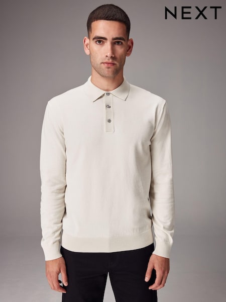 White Ecru Regular Fit Knitted Long Sleeve Polo Shirt (K82226) | £11