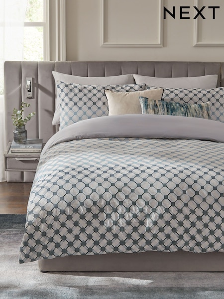 Blue Geometric 100% Cotton 200TC Jacquard Duvet Cover and Pillowcase Set (K82468) | £50 - £80
