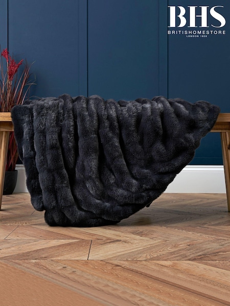 BHS Black Ruched Faux Fur Throw (K82535) | £70