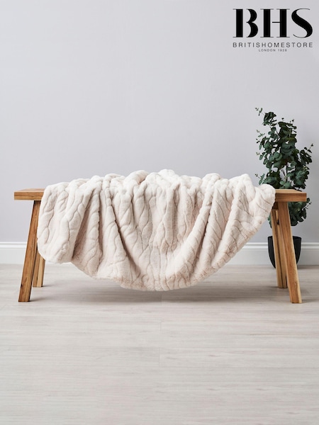 BHS Cream Luxury Embossed Rabbit Faux Fur Throw (K82556) | £45