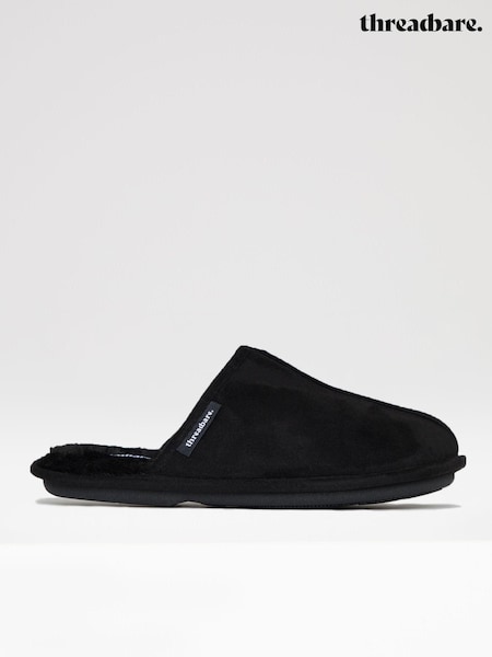 Threadbare Black Faux Fur Lined Suedette Mule Slippers (K83050) | £22
