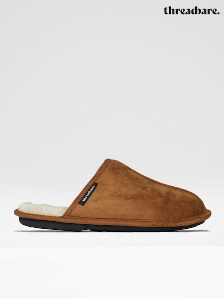 Threadbare Brown Faux Fur Lined Suedette Mule Slippers (K83070) | £22