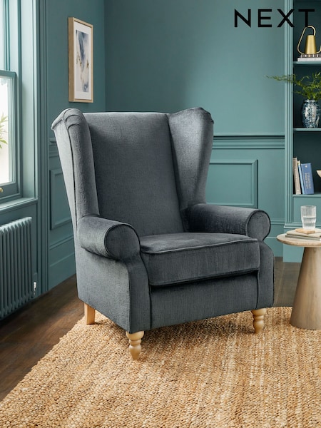 Plush Chenille Slate Blue Grande Sherlock Highback Armchair (K83167) | £699