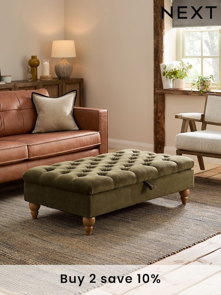 Buttoned Fine Chenille Moss Green Albury Large Footstool (K83207) | £275