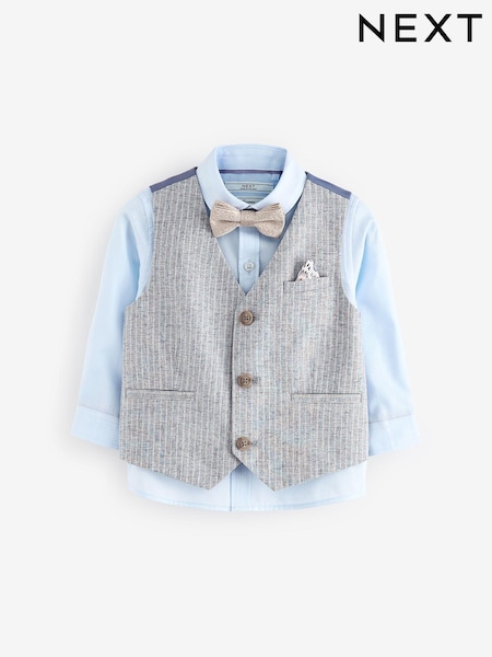 Blue Linen Stripe Waistcoat Set With Shirt And Bow Tie (3mths-7yrs) (K83492) | £33 - £37