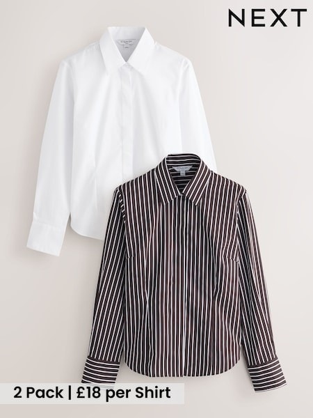 White/Chocolate Stripe - Fitted Stretch Essential Long Sleeve Shirts 2 Pack