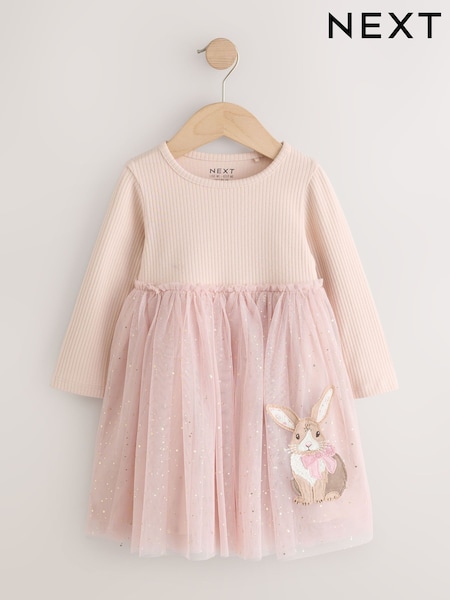 Pink Bunny - Long Sleeve Ribbed Mesh Dress (3mths-7yrs)