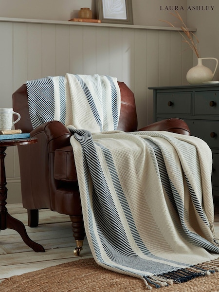 Laura Ashley Seaspray Blue Awning Stripe 100% Cotton Throw (K85243) | £50