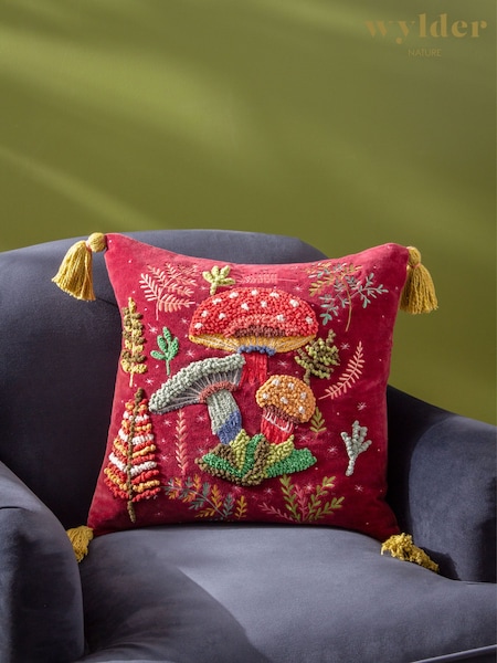 Wylder Ruby Red Magic Mushrooms Embroidered Velvet Cushion (K85388) | £36