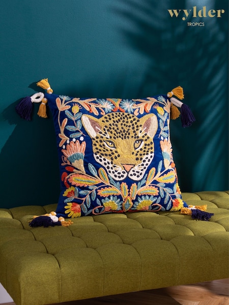 Wylder Royal Blue Regal Leopard Embroidered Velvet 100% Cotton Cushion (K85490) | £36