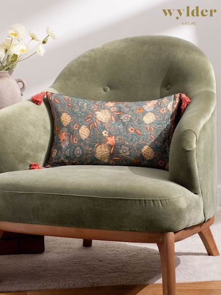 Wylder Blue Bolais Rectangular Floral Tasselled 100% Cotton Cushion (K85524) | £17