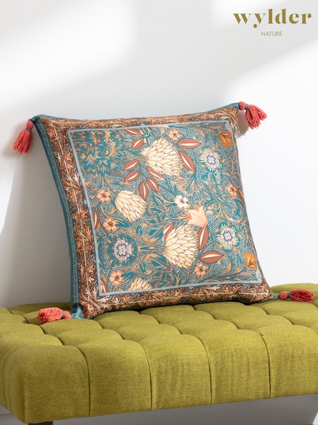 Wylder Blue Bolais Square Floral Tasselled 100% Cotton Cushion (K85546) | £24