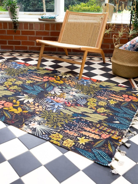 Wylder Midnight Blue Dell Tropical Tasselled Indoor 100% Cotton Rug (K85577) | £66