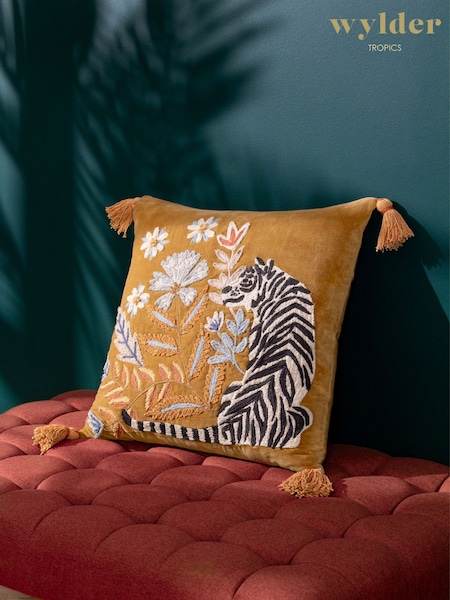 Wylder Gold White Tiger Embroidered Tasselled 100% Cotton Cushion (K85582) | £34