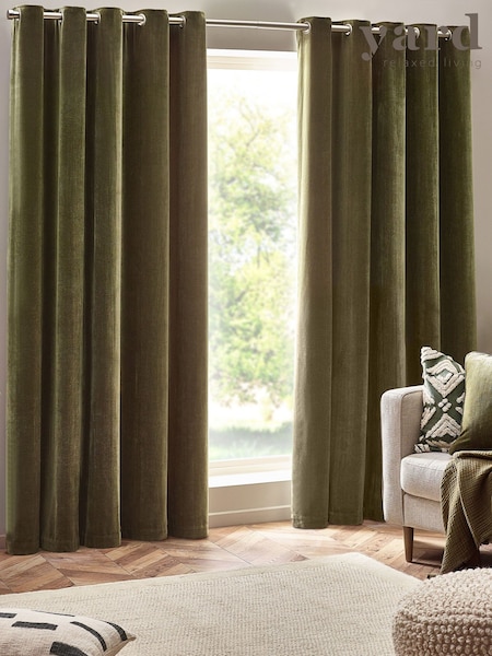 Yard Olive Green Heavy Chenille Velvet Room Darkening Eyelet Curtains (K85586) | £65 - £165