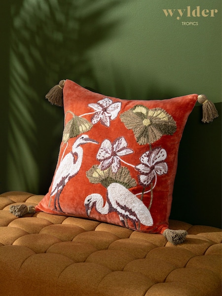 Wylder Coral Kushiro Embroidered Velvet 100% Cotton Cushion (K85602) | £34