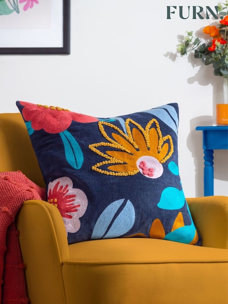 Furn Multicolour 100% Cotton Janey Floral Embroidered Cushion (K85604) | £32